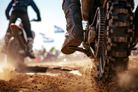 Motocross rider riding on dirt track closeup tyre Generative AI.の素材