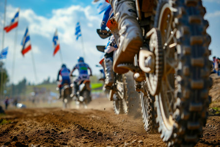 Motocross rider riding on dirt track closeup tyre Generative AI.の素材