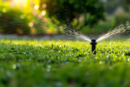 watering the lawn grass in the park water splashes against the backdrop of the sun Generative AI.の素材
