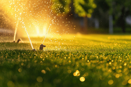 watering the lawn grass in the park water splashes against the backdrop of the sun Generative AI.の素材