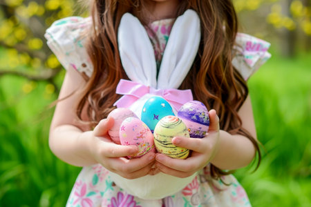 Landscape with a girl hold Easter eggs, Easter egg hunt. Generative AI.の素材