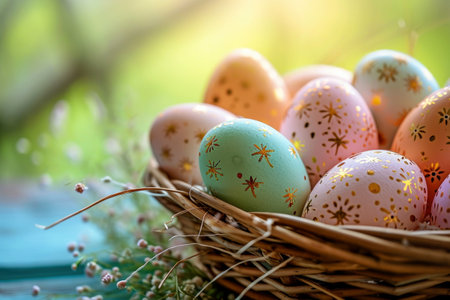 Easter basket with Easter eggs on wooden table , green background. ai generative.の素材