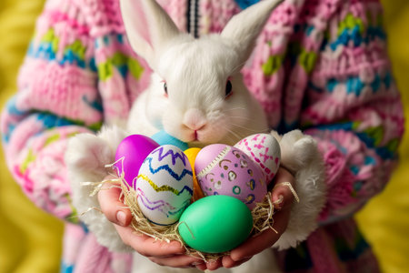 Landscape with a girl hold Easter eggs, Easter egg hunt. Generative AI.の素材