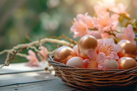 Easter basket with Easter eggs on wooden table , green background. ai generative.の素材