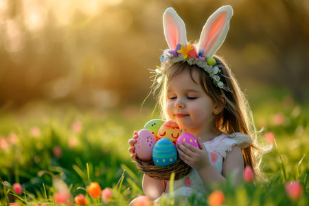 Landscape with a girl hold Easter eggs, Easter egg hunt. Generative AI.の素材