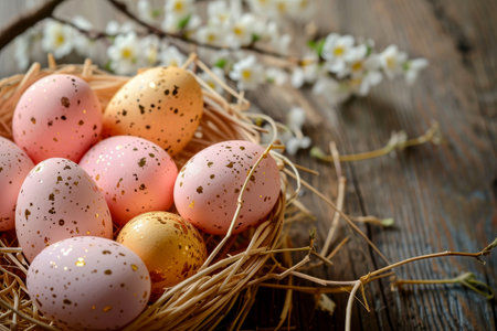 Easter basket with Easter eggs on wooden table , green background. ai generative.の素材