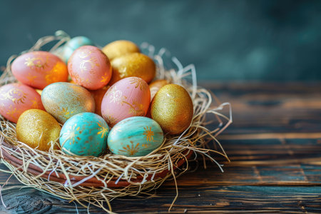 Easter basket with Easter eggs on wooden table , green background. ai generative.の素材