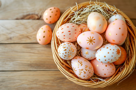 Easter basket with Easter eggs on wooden table , green background. ai generative.の素材