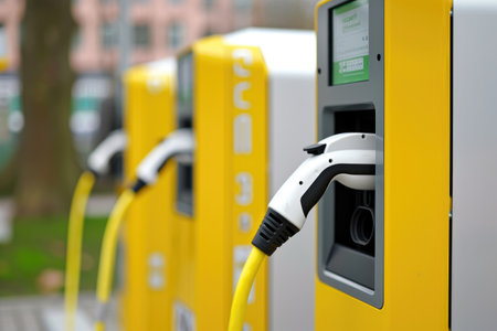 EV fast electric vehicle chargers station in park city, Generative AI.の素材