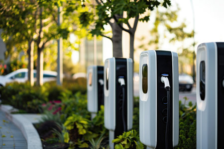 EV fast electric vehicle chargers station in park city, Generative AI.の素材