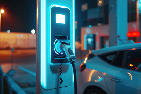 EV fast electric vehicle chargers station in park city, Generative AI.の素材