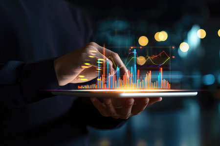 businessman points at a chart depicting financial goals and worldwide business planning.の素材