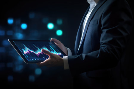 businessman points at a chart depicting financial goals and worldwide business planning.の素材