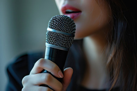 Woman reporter with a microphone at work. AI generated, human enhanced.の素材