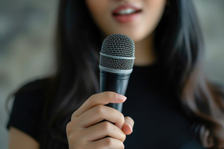 Woman reporter with a microphone at work. AI generated, human enhanced.の素材