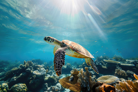 Sea turtle swims under water. Generative AI..の素材