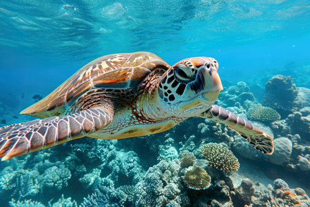 Sea turtle swims under water. Generative AI..の素材