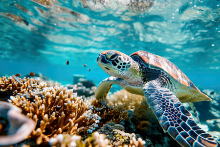 Sea turtle swims under water. Generative AI..の素材