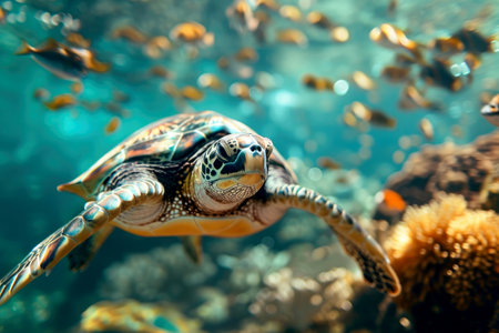 Sea turtle swims under water. Generative AI..の素材