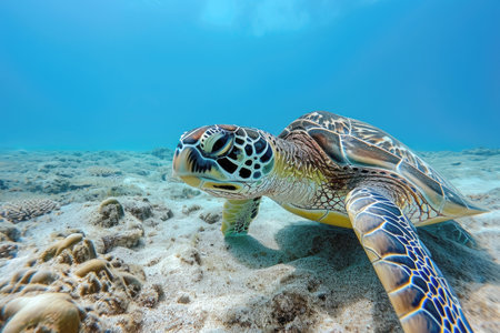 Sea turtle swims under water. Generative AI..の素材