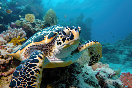 Sea turtle swims under water. Generative AI..の素材