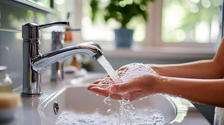 Close up shot of hands washing in the sink. Generative AI.の素材