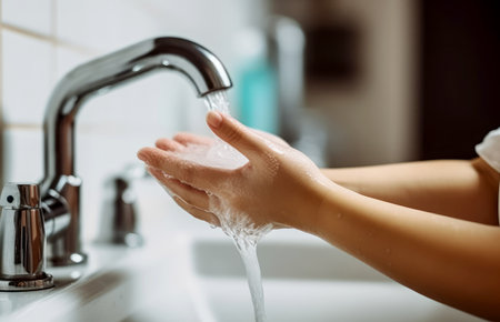 Close up shot of hands washing in the sink. Generative AI.の素材