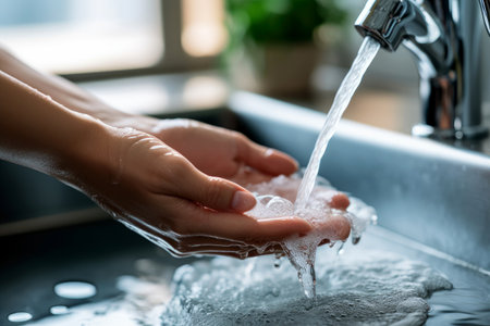 Close up shot of hands washing in the sink. Generative AI.の素材