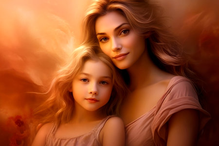 Mother's day - illustration of mom and daughter hugging each other .Generative ai.の素材
