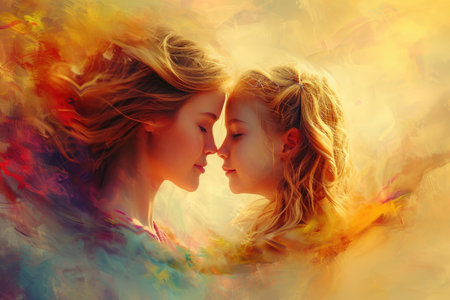 Mother's day - illustration of mom and daughter hugging each other .Generative ai.の素材