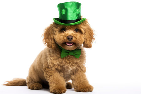 a dog portrait with a hat for St. Patrick's Day, in the style of fantasy illustration. Generative AI.の素材