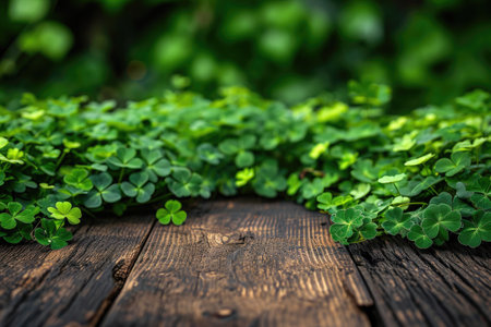 St. Patrick's Day concept. wooden table in front of shamrock leaf background . Generative Ai..の素材