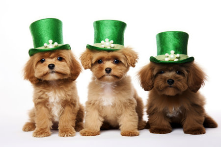 a dog portrait with a hat for St. Patrick's Day, in the style of fantasy illustration. Generative AI.の素材