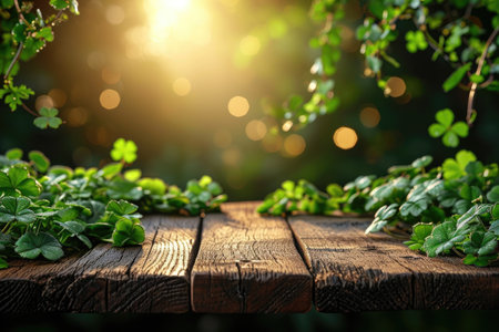St. Patrick's Day concept. wooden table in front of shamrock leaf background . Generative Ai..の素材