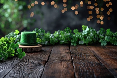 St. Patrick's Day concept. wooden table in front of shamrock leaf background . Generative Ai..の素材