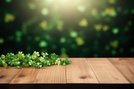 St. Patrick's Day concept. wooden table in front of shamrock leaf background . Generative Ai..の素材