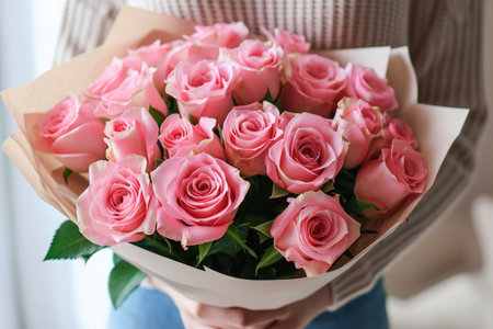 a woman holding a bouquet of roses.ai generative.の素材