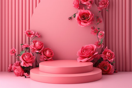 rose background with a podium backdrop for product presentation. valentine concept. Generative AI.の素材