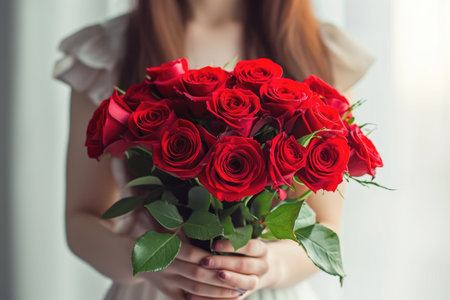 a woman holding a bouquet of roses.ai generative.の素材