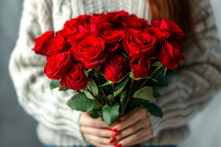 a woman holding a bouquet of roses.ai generative.の素材