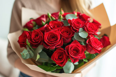 a woman holding a bouquet of roses.ai generative.の素材