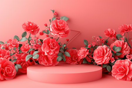 rose background with a podium backdrop for product presentation. valentine concept. Generative AI.の素材