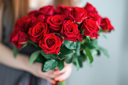 a woman holding a bouquet of roses.ai generative.の素材