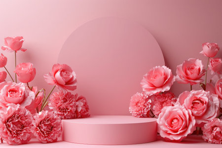 rose background with a podium backdrop for product presentation. valentine concept. Generative AI.の素材