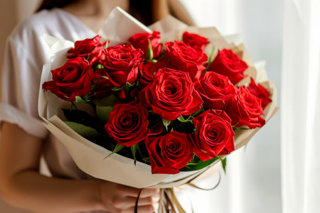 a woman holding a bouquet of roses.ai generative.の素材