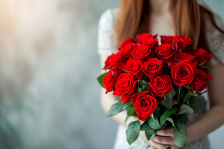 a woman holding a bouquet of roses.ai generative.の素材