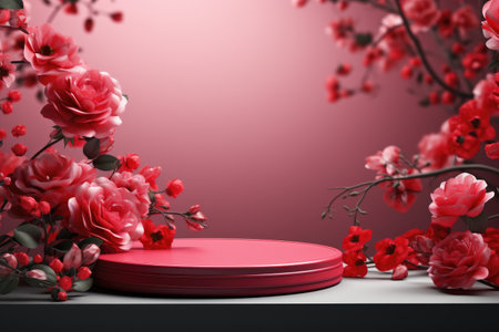 rose background with a podium backdrop for product presentation. valentine concept. Generative AI.の素材