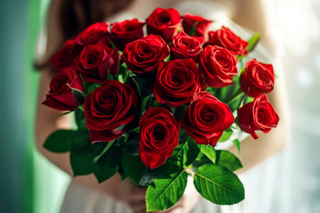 a woman holding a bouquet of roses.ai generative.の素材