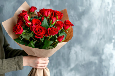 a woman holding a bouquet of roses.ai generative.の素材