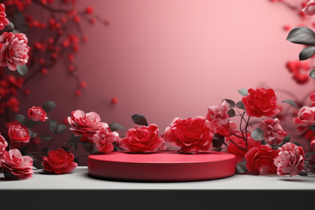 rose background with a podium backdrop for product presentation. valentine concept. Generative AI.の素材